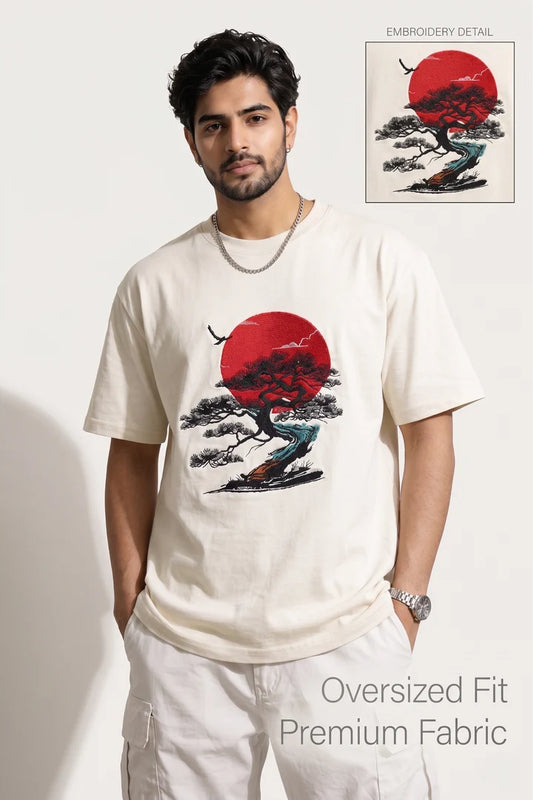 Bonsai & Red Sun Embroidered Graphic T-Shirt