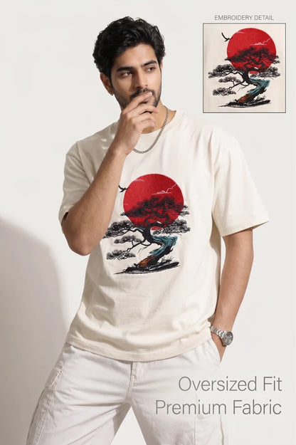 Bonsai & Red Sun Embroidered Graphic T-Shirt