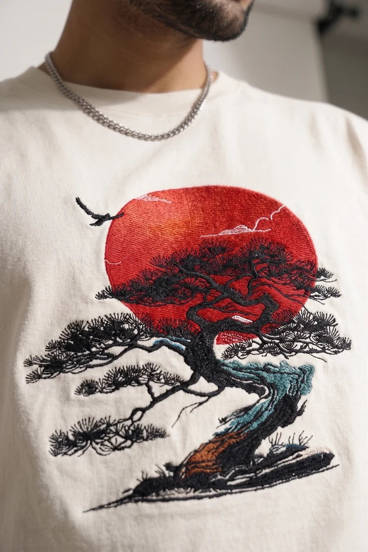 Bonsai & Red Sun Embroidered Graphic T-Shirt