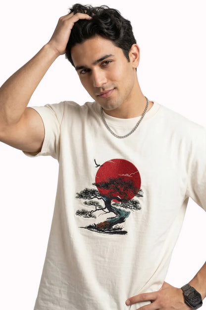 Bonsai & Red Sun Embroidered Graphic T-Shirt