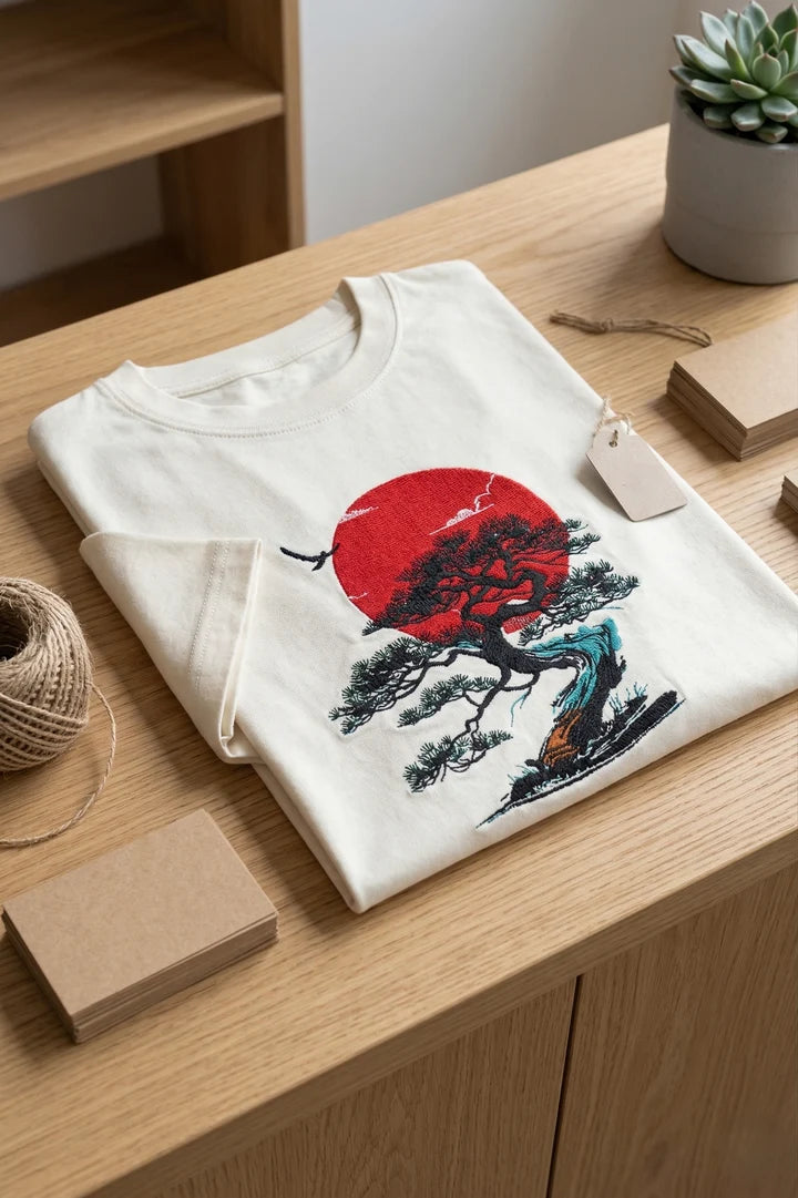 Bonsai & Red Sun Embroidered Graphic T-Shirt