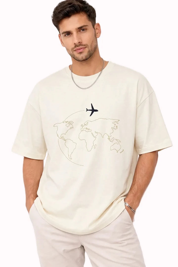 Minimal World Map Airplane Embroidery T-Shirt