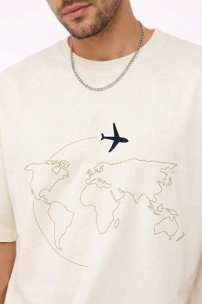 Minimal World Map Airplane Embroidery T-Shirt
