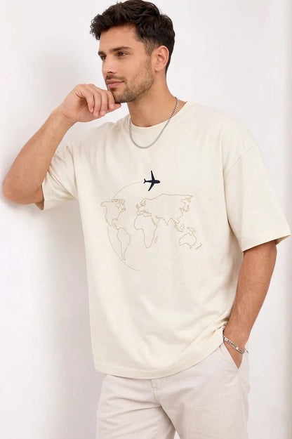 Minimal World Map Airplane Embroidery T-Shirt