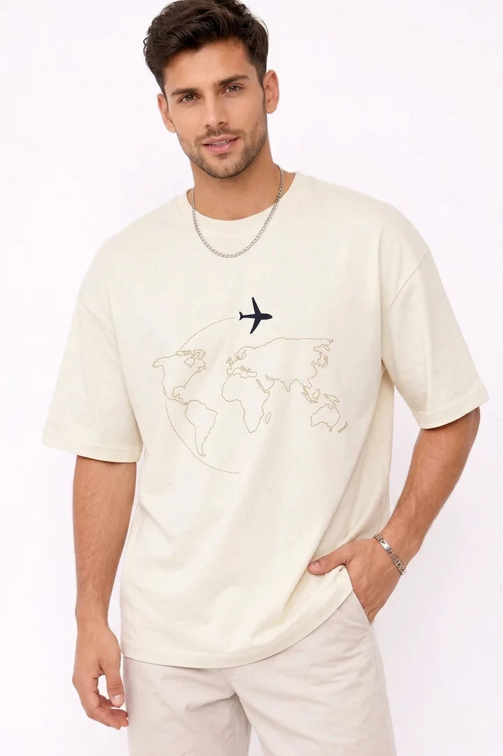 Minimal World Map Airplane Embroidery T-Shirt