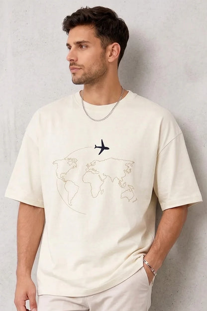 Minimal World Map Airplane Embroidery T-Shirt