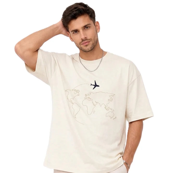 Minimal World Map Airplane Embroidery T-Shirt