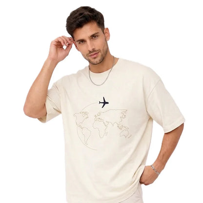 Minimal World Map Airplane Embroidery T-Shirt