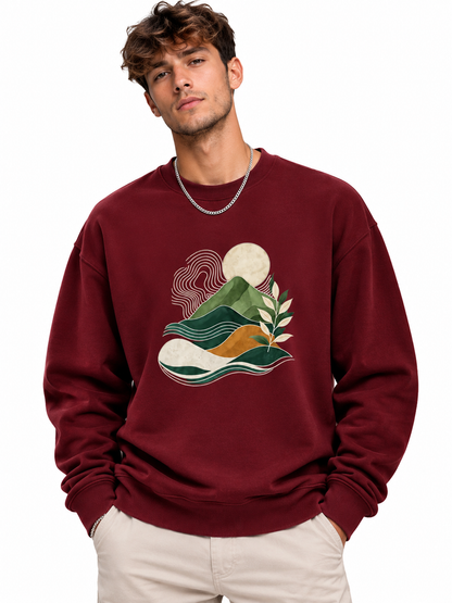 Men’s Navy Blue Nature Landscape Graphic Printed Sweatshirt – Crew Neck Casual Winter Wear