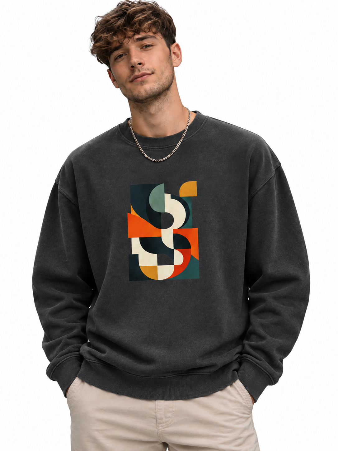 Men’s White Abstract Geometric Graphic Printed Sweatshirt – Crew Neck Casual Streetwear