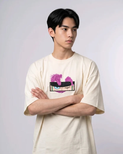 Dragon Eyes Embroidered Oversized Off-White T-Shirt