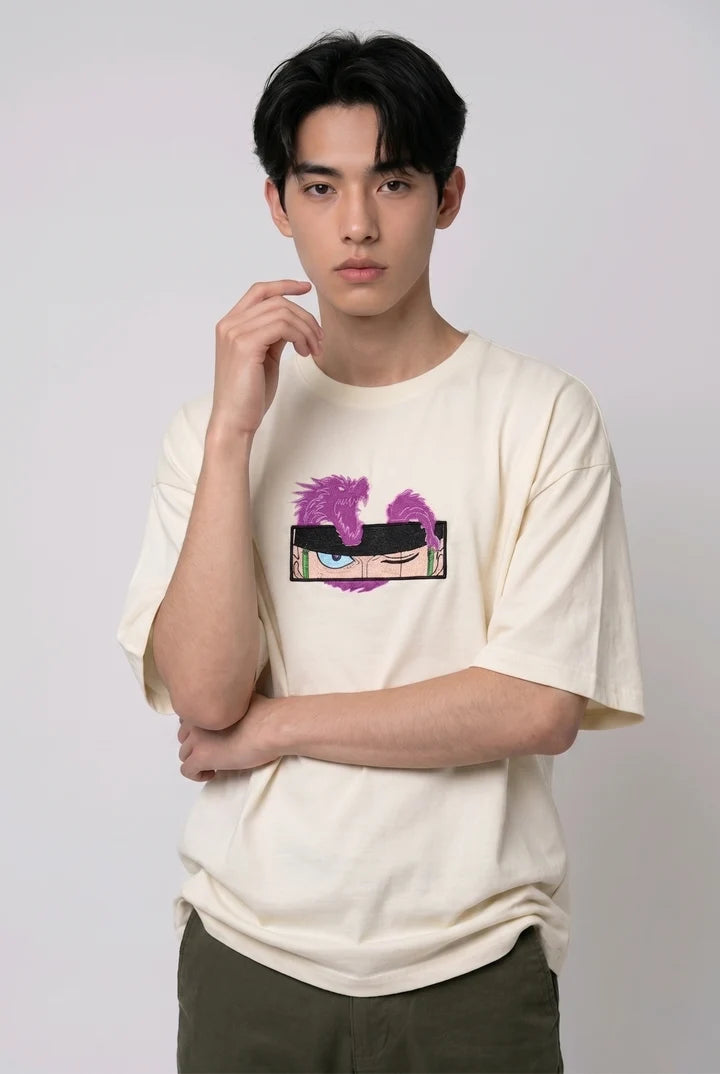 Dragon Eyes Embroidered Oversized Off-White T-Shirt