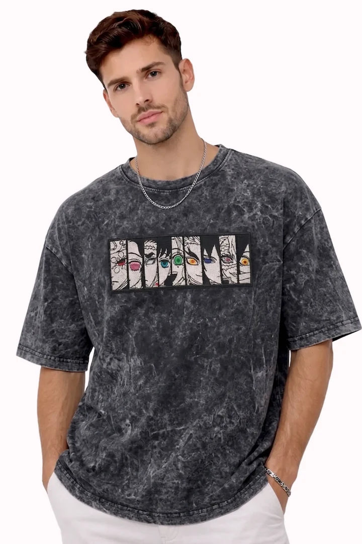 Upper Moon Eyes Anime Premium Embroidered Black T-Shirt