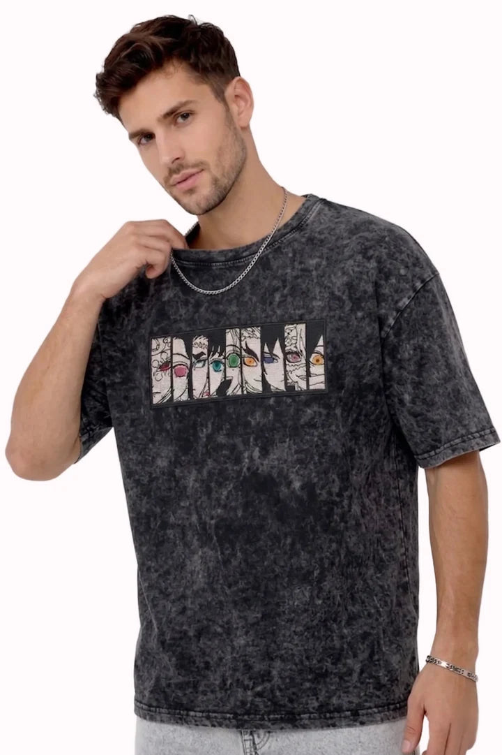 Upper Moon Eyes Anime Premium Embroidered Black T-Shirt