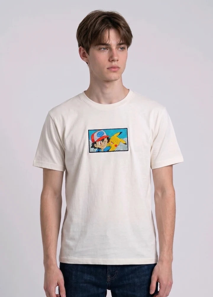 Ash & Pikachu Embroidered Oversized Off White T-Shirt