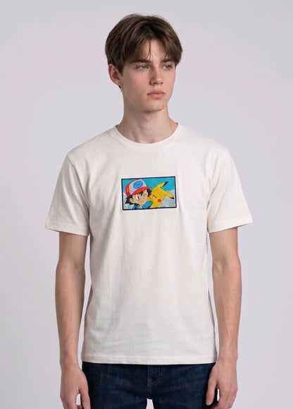 Ash & Pikachu Embroidered Oversized Off White T-Shirt