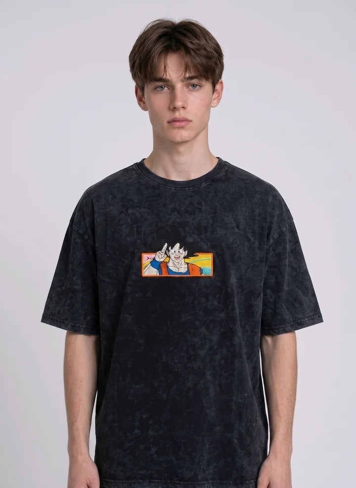 Dragon Ball Z Son Goku Embroidered Oversized Acid Wash T-Shirt