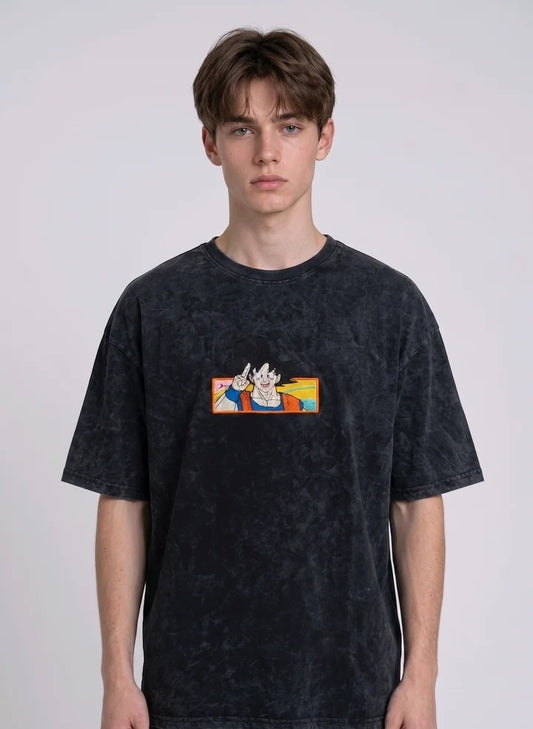Dragon Ball Z Son Goku Embroidered Oversized Acid Wash T-Shirt