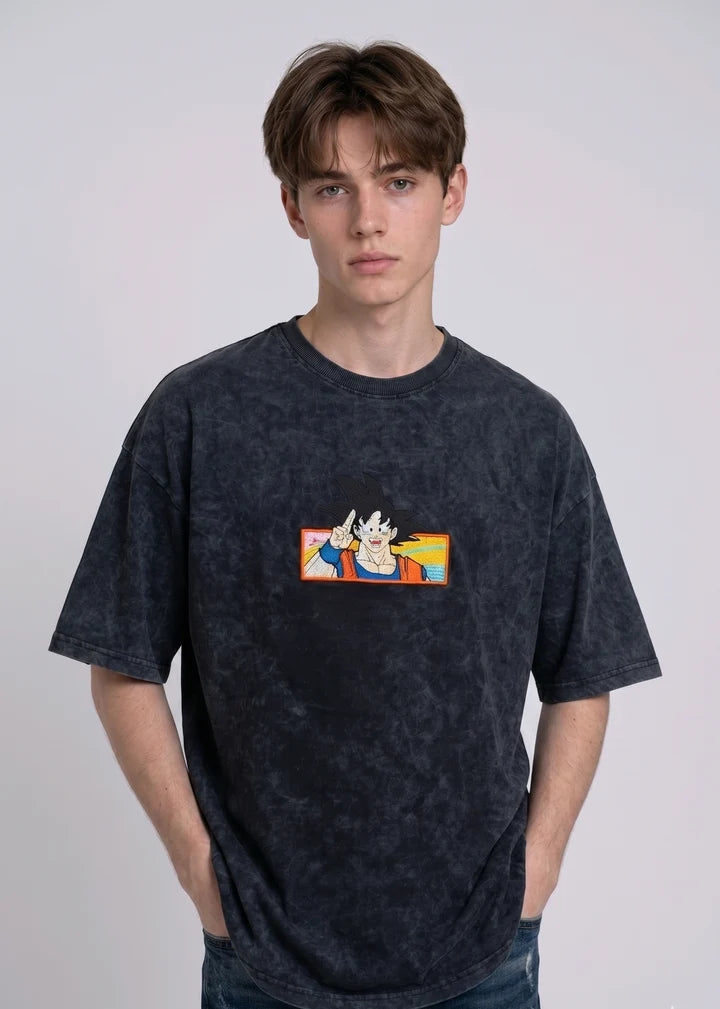 Dragon Ball Z Son Goku Embroidered Oversized Acid Wash T-Shirt