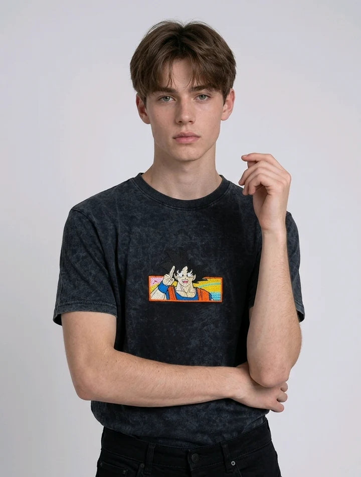 Dragon Ball Z Son Goku Embroidered Oversized Acid Wash T-Shirt