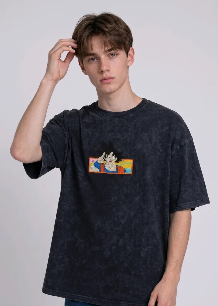 Dragon Ball Z Son Goku Embroidered Oversized Acid Wash T-Shirt