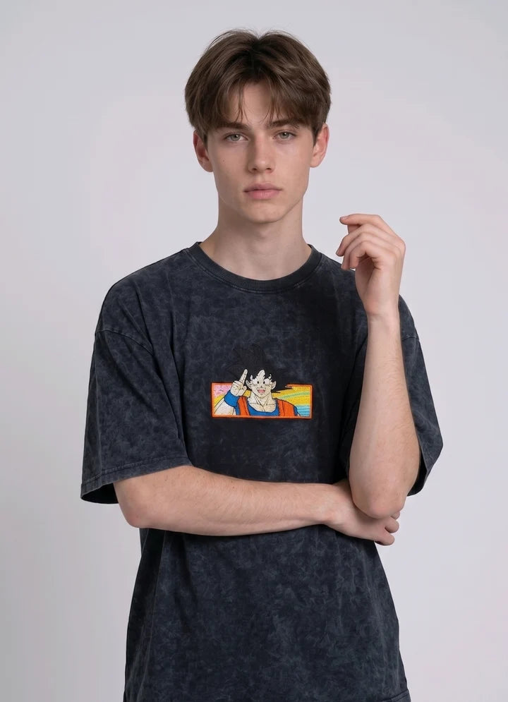 Dragon Ball Z Son Goku Embroidered Oversized Acid Wash T-Shirt