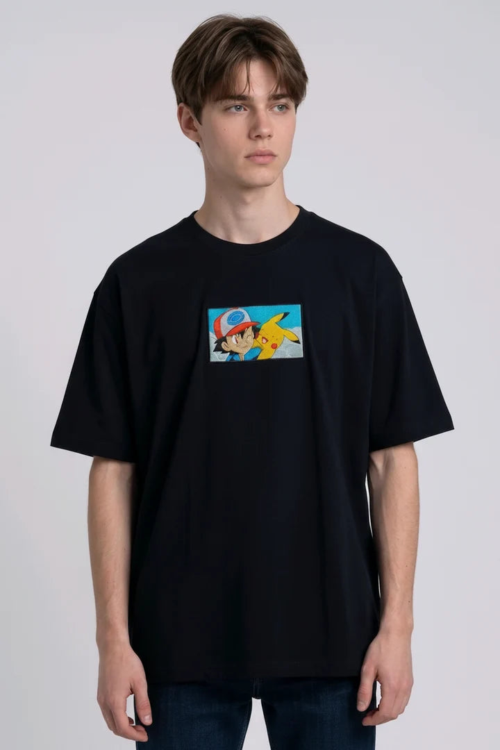 Ash & Pikachu Embroidered Oversized Off White T-Shirt
