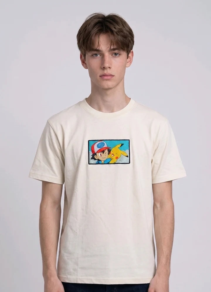 Ash & Pikachu Embroidered Oversized Off White T-Shirt