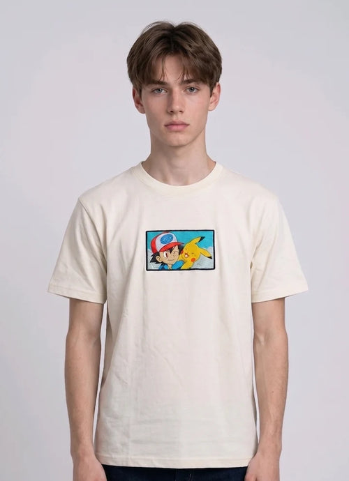 Ash & Pikachu Embroidered Oversized Off White T-Shirt