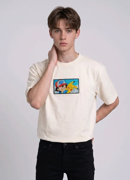 Ash & Pikachu Embroidered Oversized Off White T-Shirt