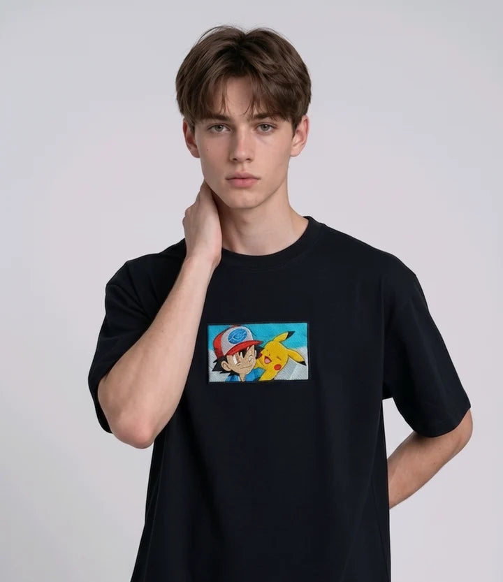 Ash & Pikachu Embroidered Oversized Off White T-Shirt