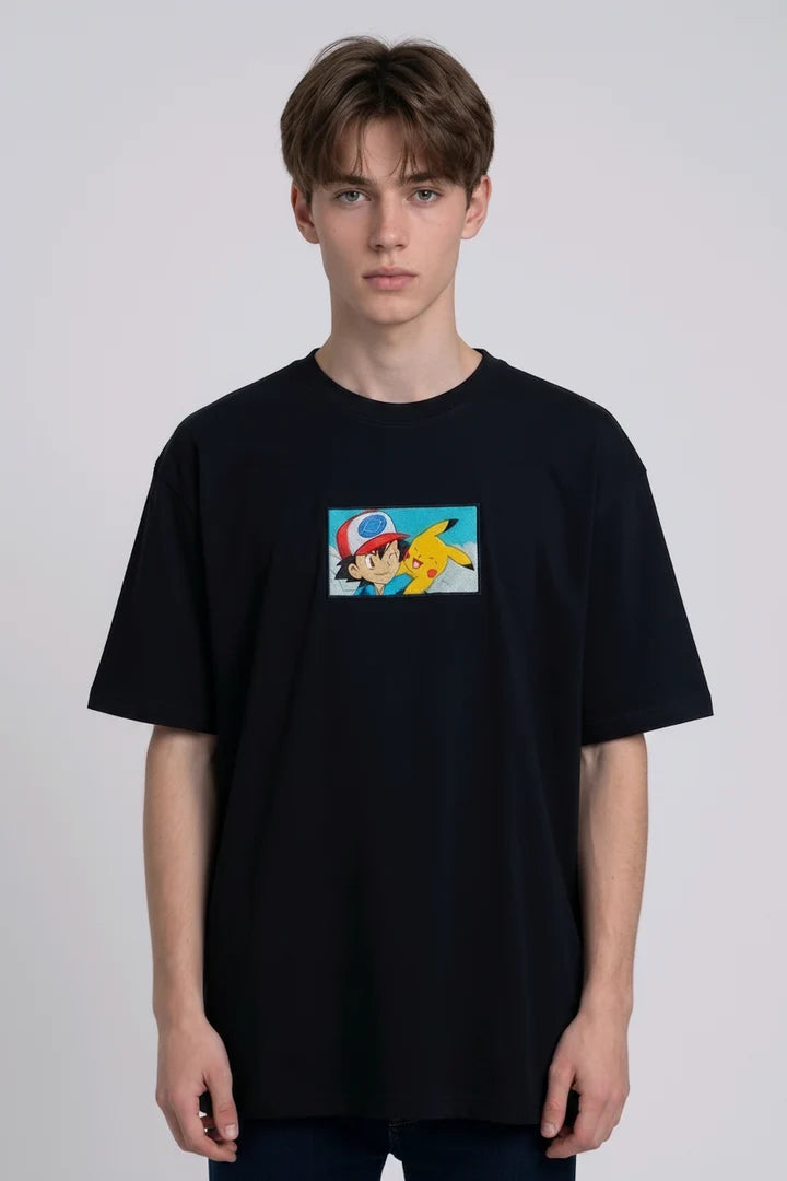 Ash & Pikachu Embroidered Oversized Off White T-Shirt