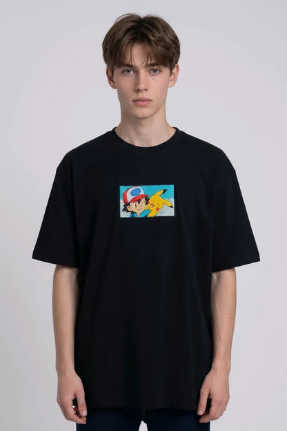 Ash & Pikachu Embroidered Oversized Off White T-Shirt