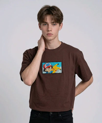 Ash & Pikachu Embroidered Oversized Off White T-Shirt