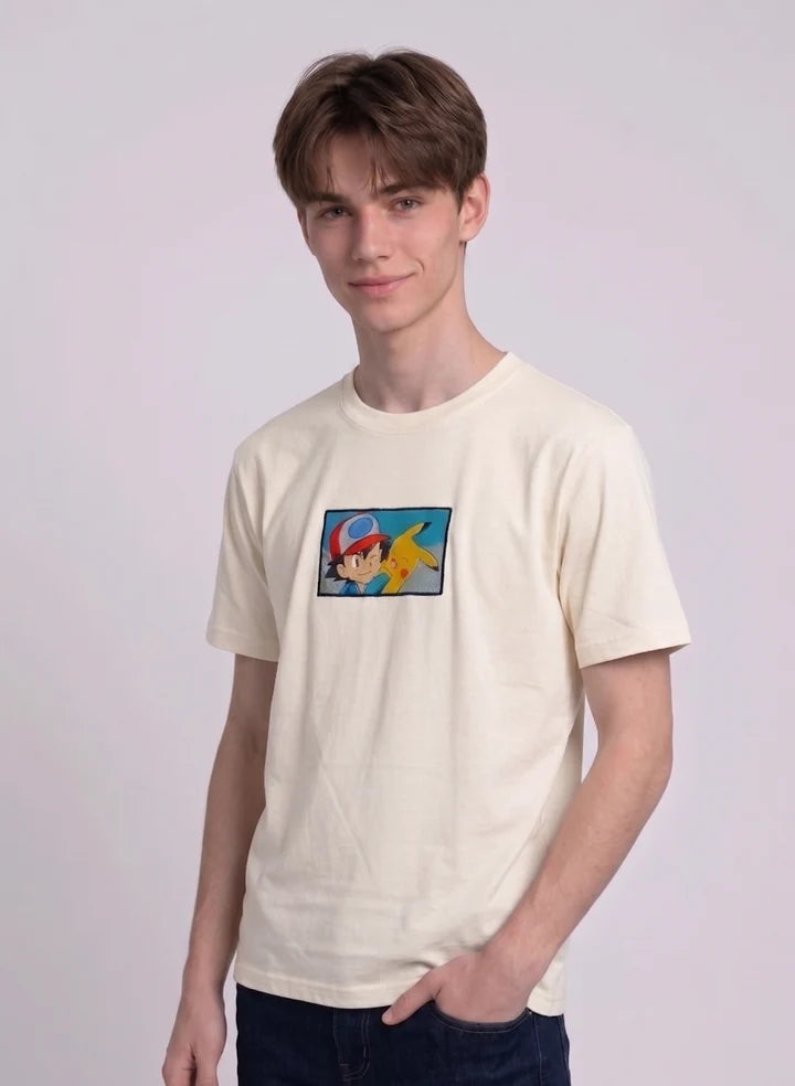 Ash & Pikachu Embroidered Oversized Off White T-Shirt