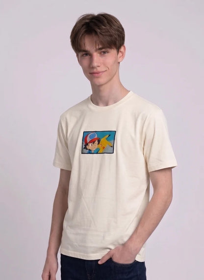 Ash & Pikachu Embroidered Oversized Off White T-Shirt