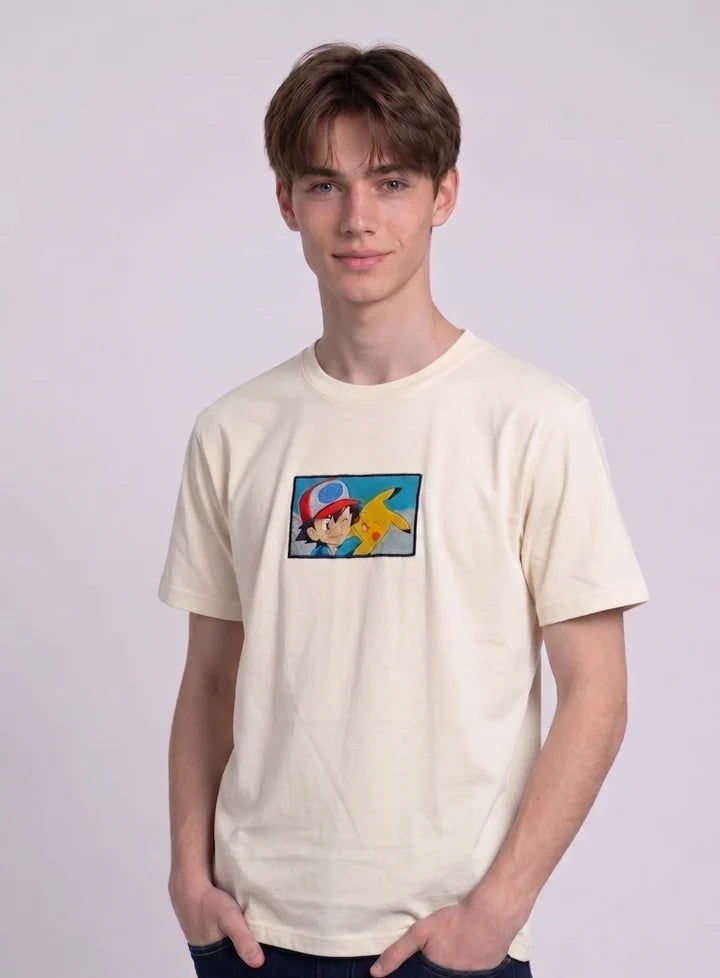 Ash & Pikachu Embroidered Oversized Off White T-Shirt
