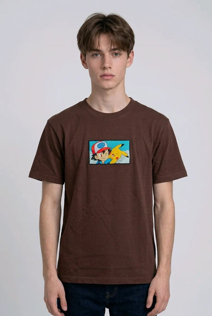 Ash & Pikachu Embroidered Oversized Off White T-Shirt
