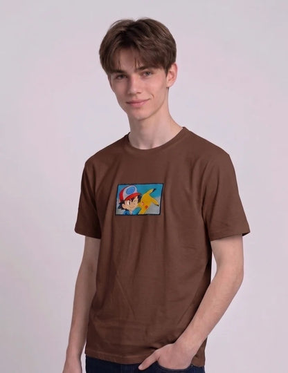 Ash & Pikachu Embroidered Oversized Off White T-Shirt
