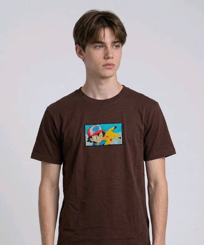 Ash & Pikachu Embroidered Oversized Off White T-Shirt
