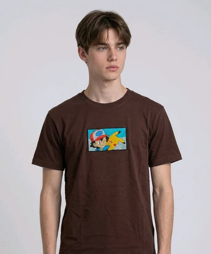 Ash & Pikachu Embroidered Oversized Off White T-Shirt