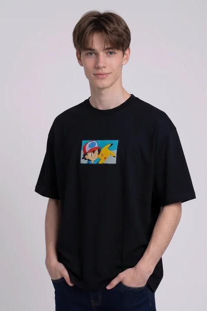 Ash & Pikachu Embroidered Oversized Off White T-Shirt