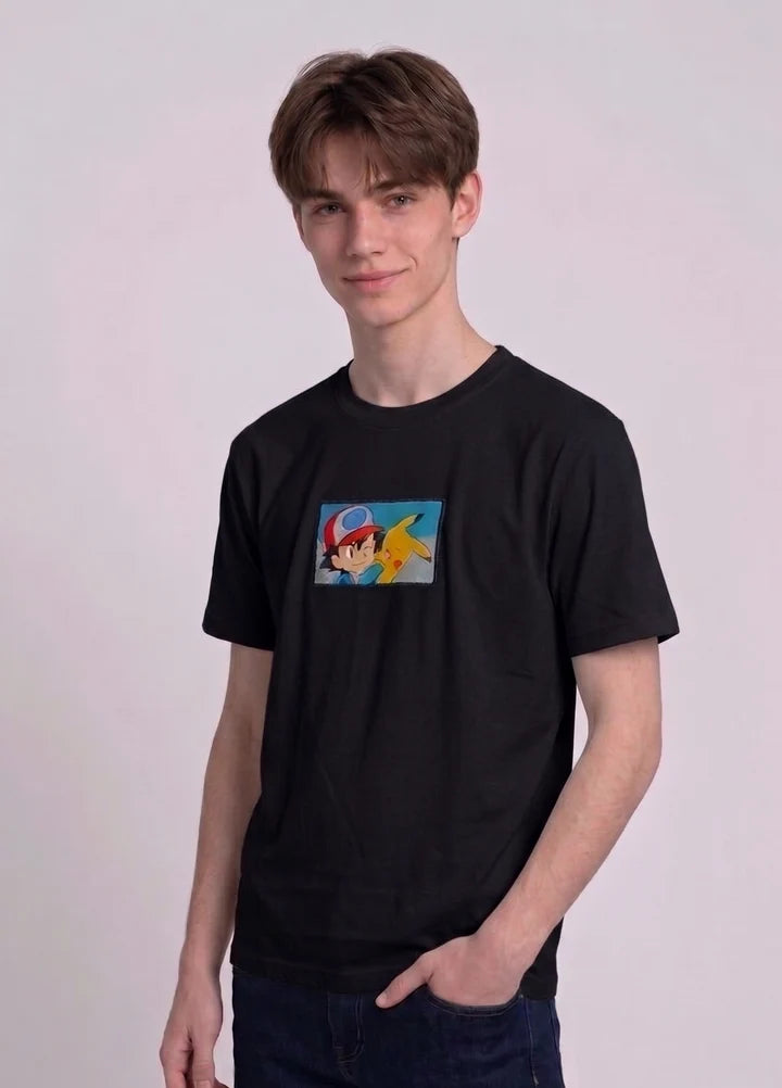 Ash & Pikachu Embroidered Oversized Off White T-Shirt