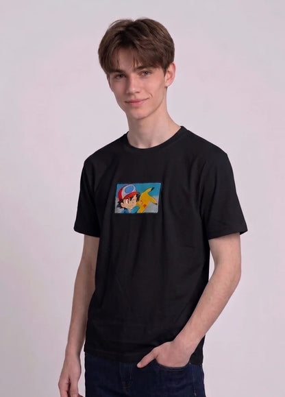 Ash & Pikachu Embroidered Oversized Off White T-Shirt