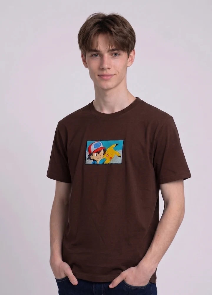 Ash & Pikachu Embroidered Oversized Off White T-Shirt