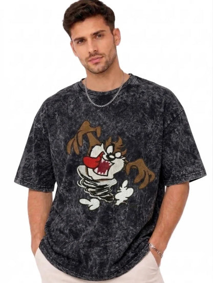 Thread Vibes Taz Cartoon Embroidered Black Oversized T-Shirt