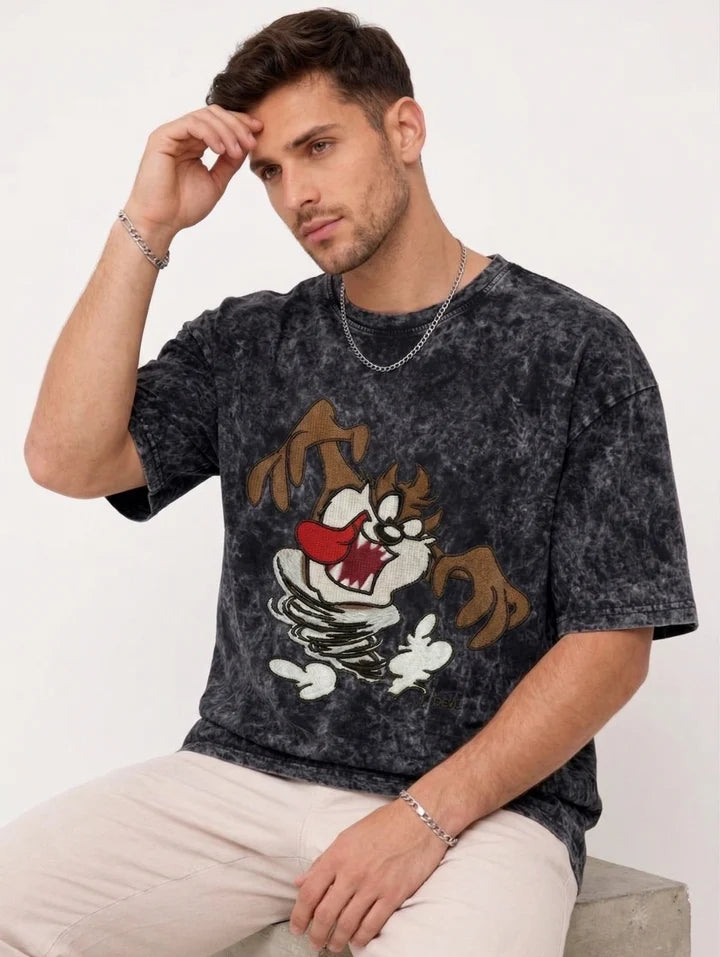 Thread Vibes Taz Cartoon Embroidered Black Oversized T-Shirt
