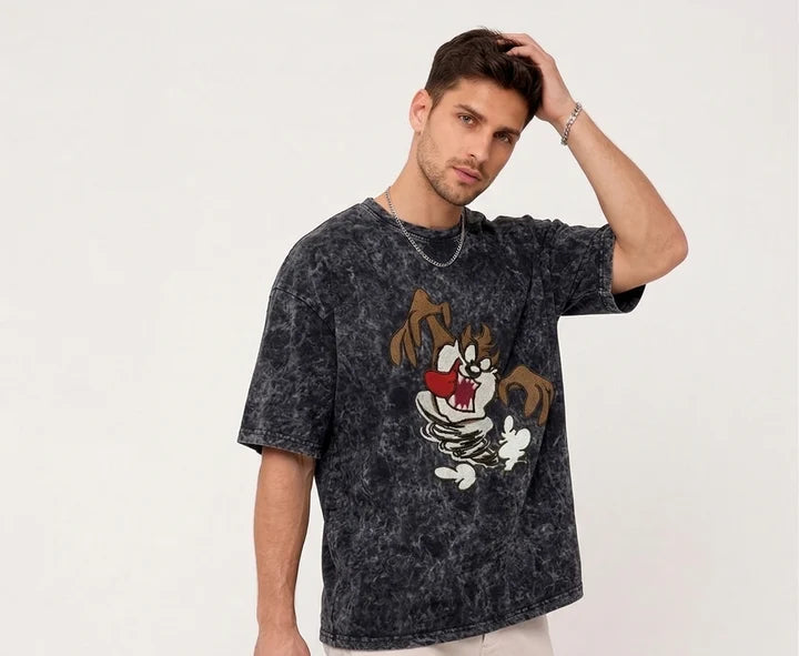 Thread Vibes Taz Cartoon Embroidered Black Oversized T-Shirt