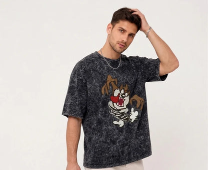 Thread Vibes Taz Cartoon Embroidered Black Oversized T-Shirt