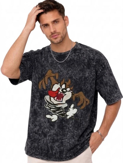 Thread Vibes Taz Cartoon Embroidered Black Oversized T-Shirt